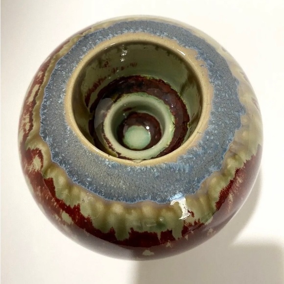 Rust, Tan and Blue Crystalline Drip Glaze Ceramic Round Ball Votive Candleholder - Picture 6 of 7